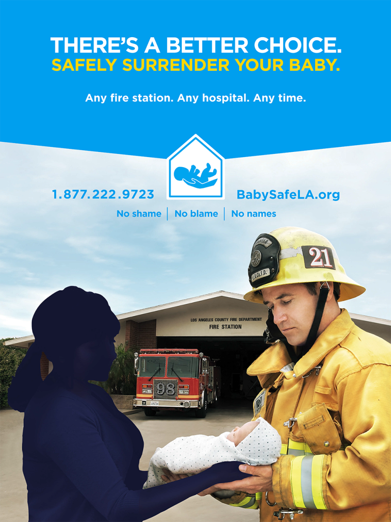 An anonymous woman hands a baby to an LA County firefighter in a poster for the Safe Surrender program.
