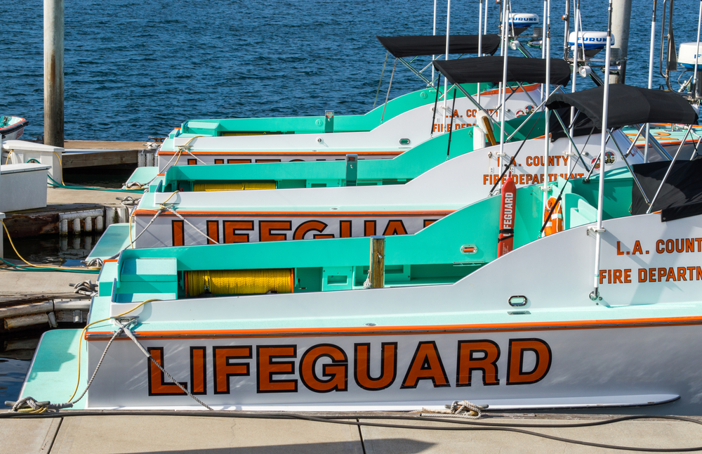 LA County lifeguard boats moored in Marina Del Rey.