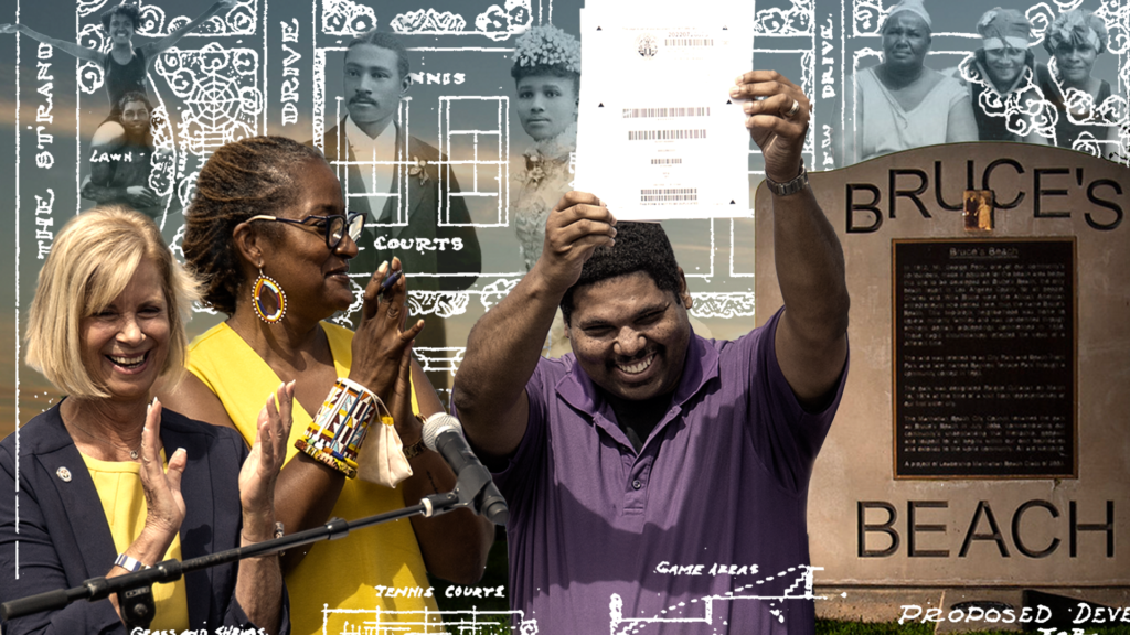 A composite illustration commemorating the return of Bruce's Beach to the Bruce family.