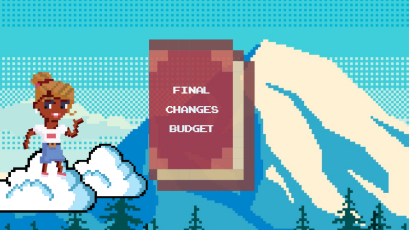 Final Changes Felicity, a video game character, stands in retro style clouds next to an adopted budget.
