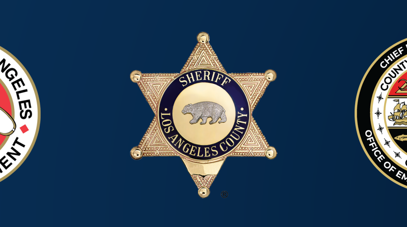 Los Angeles County Fire Department logo, Los Angeles County Sheriff's Department logo, and Office of Emergency Management logo banner