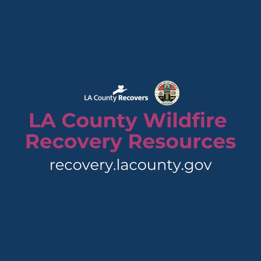 LA County Wildfire Recovery Resources graphic with website link for assistance and recovery information.
