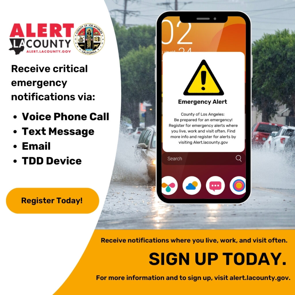 Emergency alert notification options from Los Angeles County, featuring a smartphone displaying registration details.