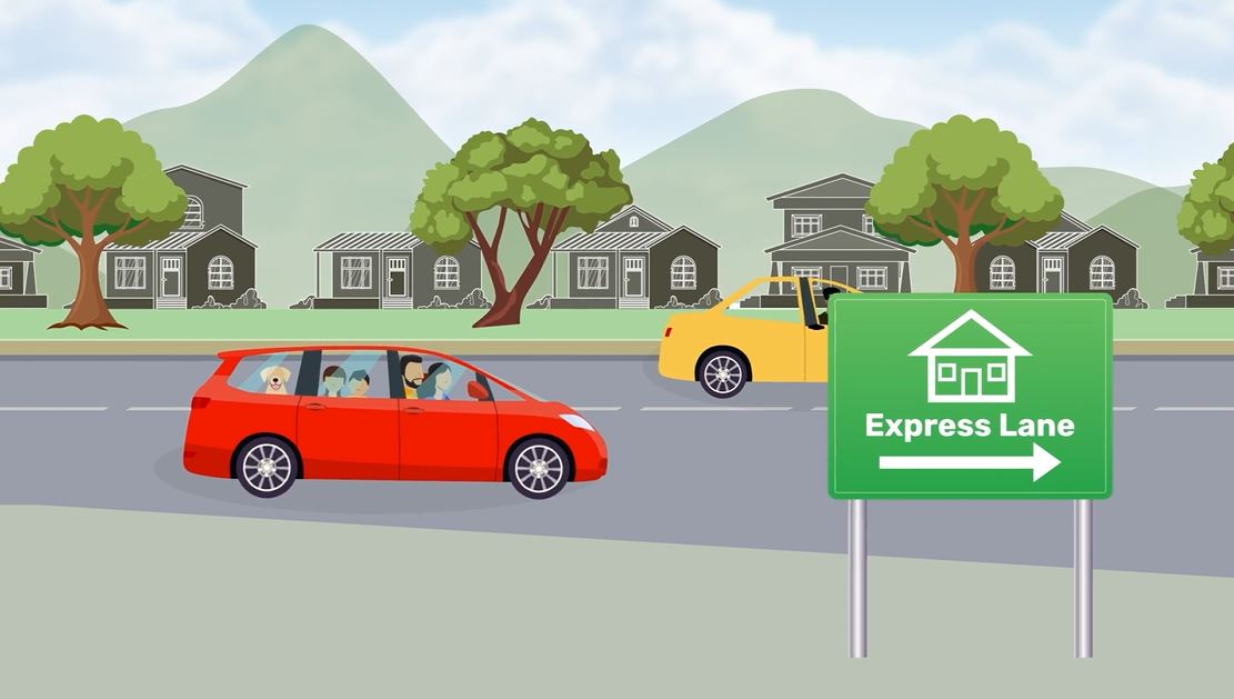 Red car with family inside striving on highway with green sign that says "Express Lane"