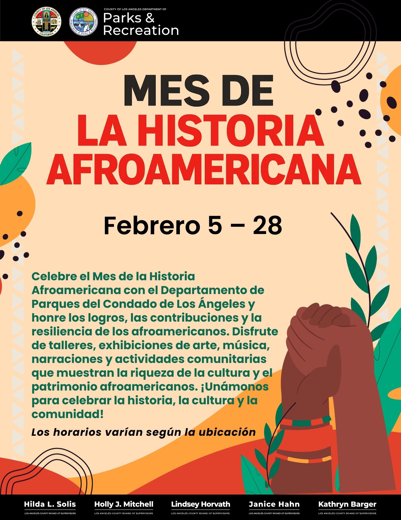 Two hands holding each other with one hand having bracelets, plants, leaves, black dots, orange and red circles