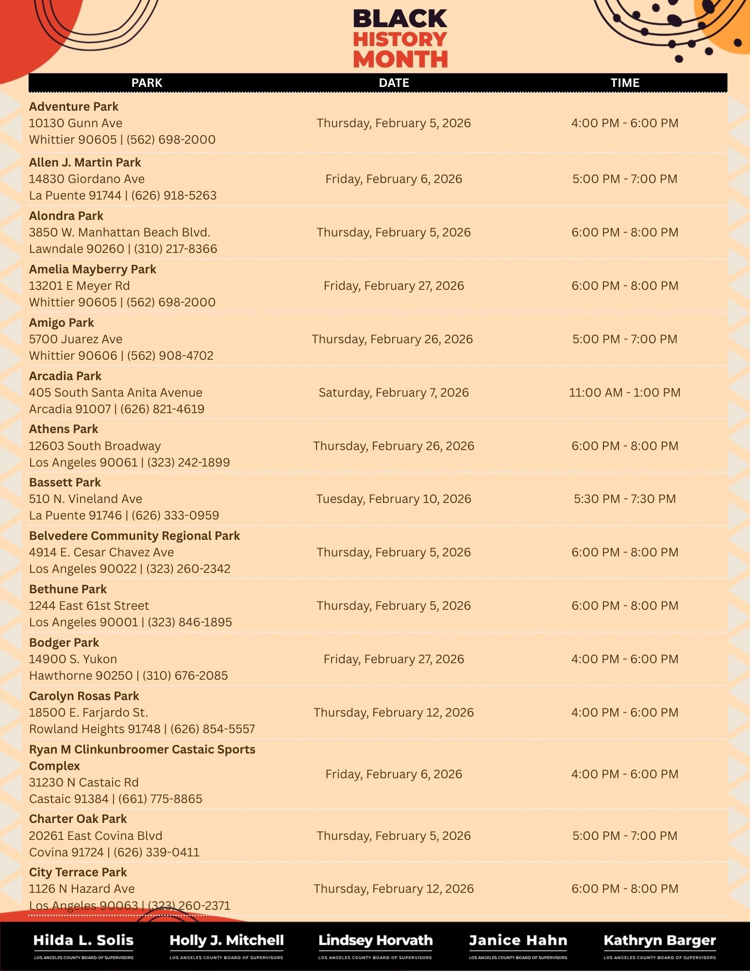 Orange and red circles, lines in circular shape, black circles on Black History Month flyer