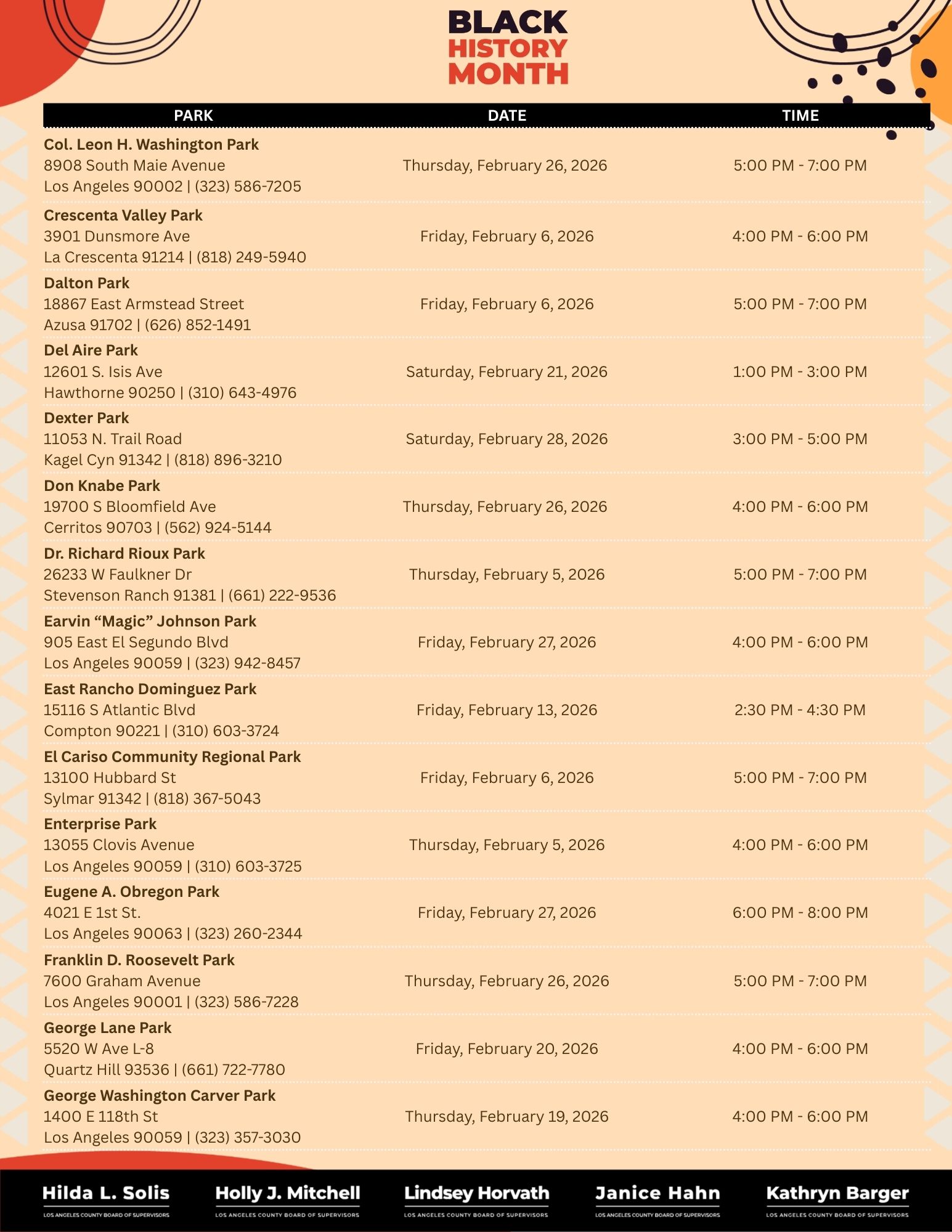 Orange and red circles, lines in circular shape, black circles on Black History Month flyer