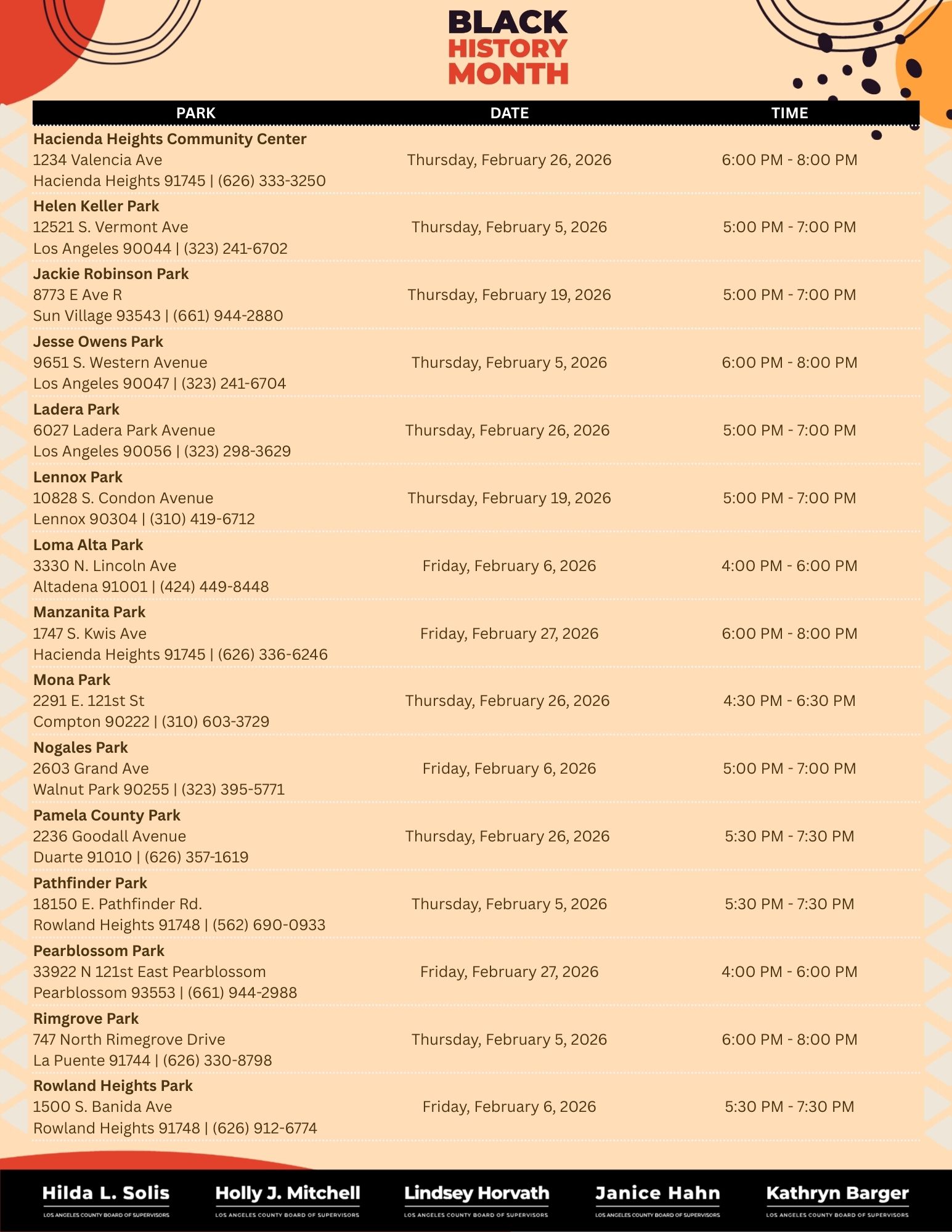 Orange and red circles, lines in circular shape, black circles on Black History Month flyer