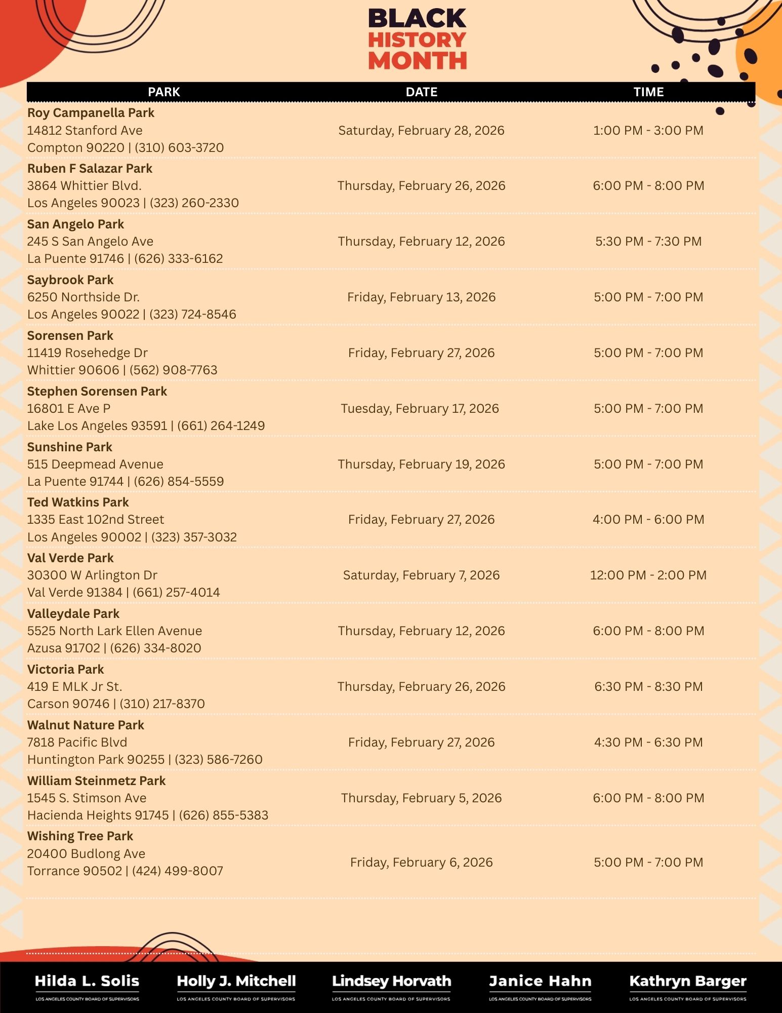 Orange and red circles, lines in circular shape, black circles on Black History Month flyer