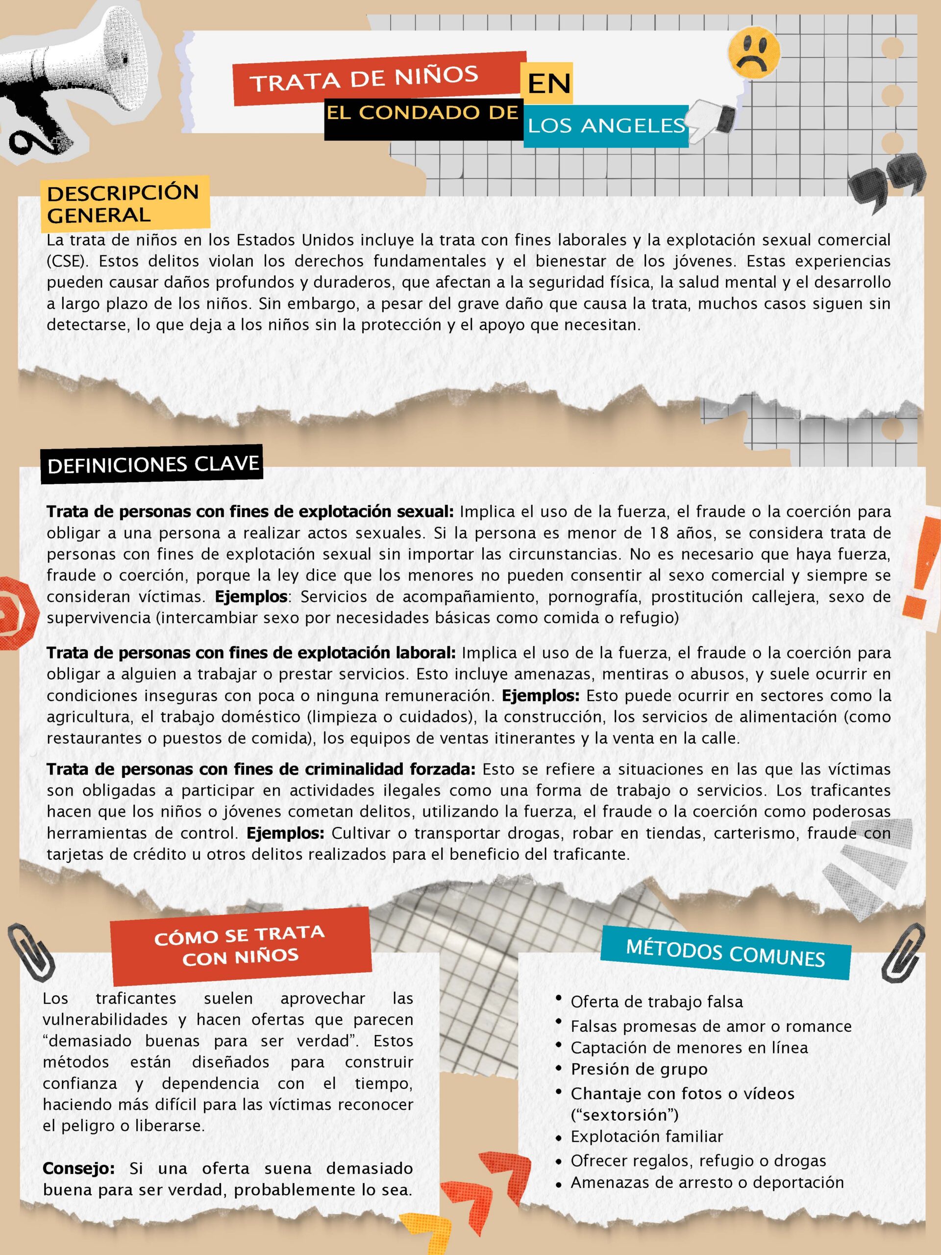 Spanish Child Trafficking in Los Angeles County graphic that appears like a bulletin board and bull horn, paper clips