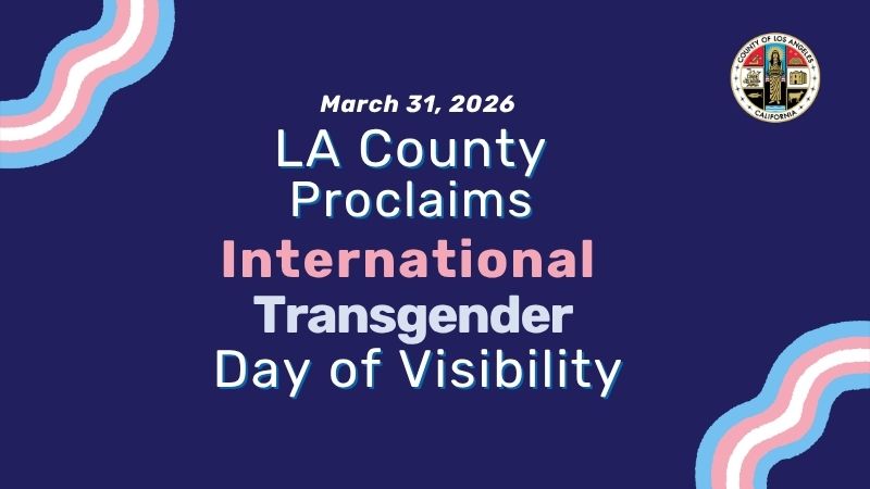 High‑contrast graphic with LA County seal and text announcing March 31, 2026, as International Transgender Day of Visibility, with trans‑flag–colored wavy accents.