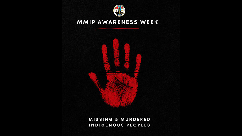 Hand print and Los Angeles County seal on MMIP Awareness Week banner