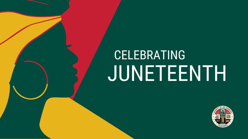 Silhouette of woman, Los Angeles County seal on Celebrating Juneteenth graphic